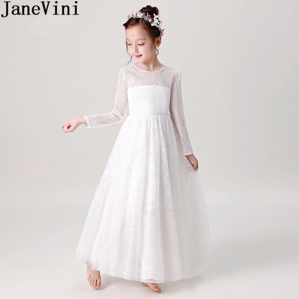 Vestidos de niña JaneVini, vestido blanco de manga larga para niñas con flores para niños, bodas, encaje, cuello con cuentas, baile de graduación, largo hasta el suelo, primera comunión