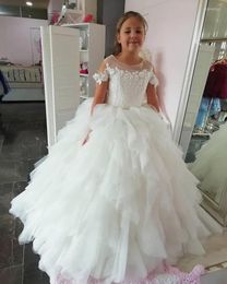 Meisjesjurken juweel nek bruiloft bloemenmeisjes met applique veter back communion jurk lange ruches tule baby verjaardagsfeestjes jurken