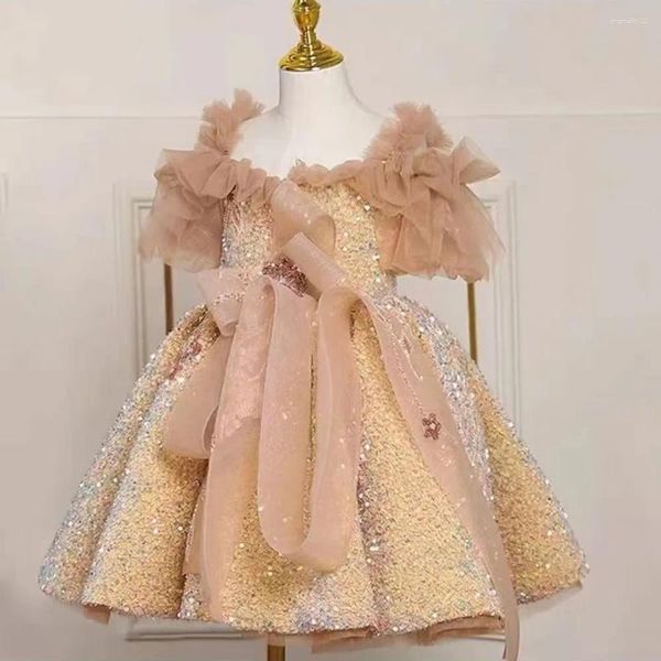 Robes de fille Jill Wish Elegant Arabic Gold Robe Pailled Bow Dubai Kids Princess Anniversaire Wedding Party First Communion Robe 2024 J225