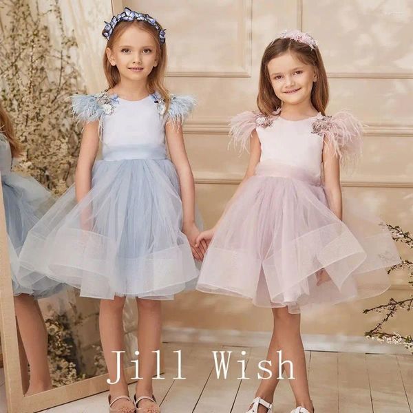 Robes de fille Jill Wish élégant Blush robe rose plumes perles robe de princesse pour enfants mariage anniversaire première fête de communion 2024 J253