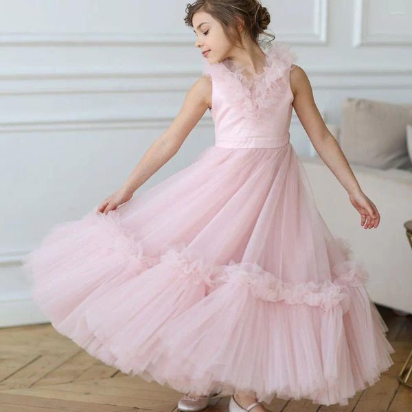 Robes de fille Jill Wish élégante robe de fleur rose col en V à plusieurs niveaux Dubaï enfants princesse anniversaire fête de mariage robe de soirée 2024 J116