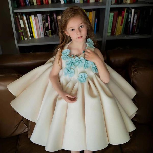 Robes de fille Jill Wish luxe arabe robe beige fleurs faites à la main Dubaï bébé enfants princesse anniversaire fête de mariage robe de bal 2024 J370