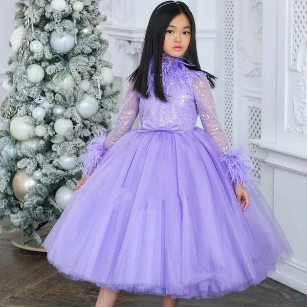 Robes de fille Jill Wish luxe arabe lilas robe plumes à manches longues Dubaï enfants princesse anniversaire fête de mariage robe de bal 2024 J371