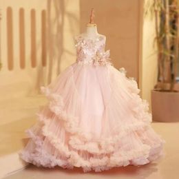 Robes de fille Jill Wish Luxe Blush Fleur Robe Plumes Arabe Princesse Enfants De Mariage Fête D'anniversaire Robe De Bal Sainte Communion 2024 J246