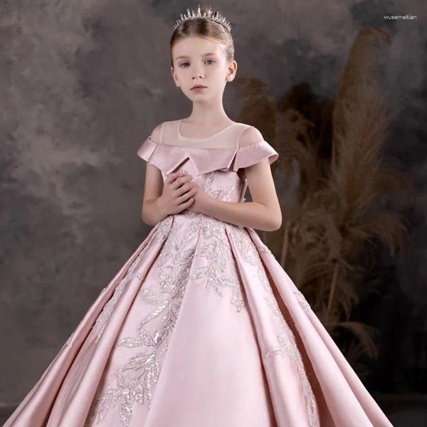 Robes de fille Jill Wish luxe robe de fleur rose Appliques paillettes princesse robe de bal pour enfants mariage fête d'anniversaire Pageant J129