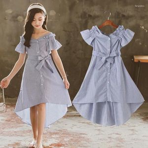 Meisjesjurken jucpkid 2024 Koreaanse zomer junior een schouder korte mouw gestreepte jurk school bowknot onregelmatig zoet zoet