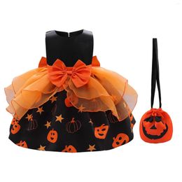 Vestidos de niña Vestido para niñas con bolso de hombro de calabaza Estampado de Halloween Arco Lugar para niños para boda de niños pequeños