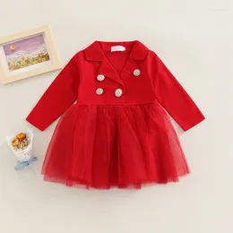 Robes pour filles de 2 à 7 ans, robe à la mode, revers cranté, boutons délicats, manches longues, taille haute, Patchwork, maille, ourlet en Tulle