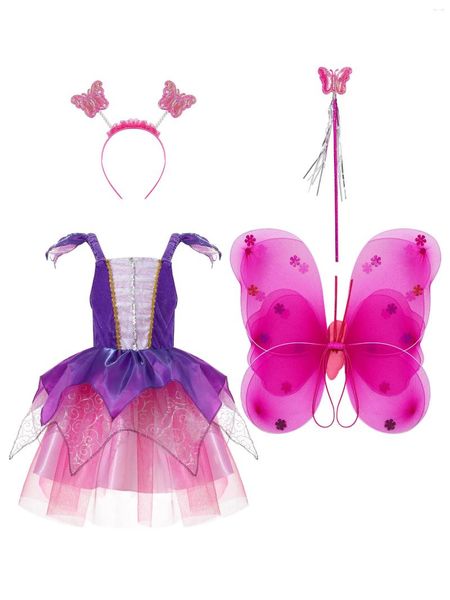 Vestidos de niña Niños Niñas Disfraz de Hada de Halloween Disfraz de Carnaval Fiesta temática Vestido de Malla con Gradas con Alas de Mariposa Aro para el Cabello