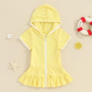 Robe de bain pour filles, Cover-Up à capuche, fermeture éclair, en éponge, serviette de bain, peignoir, Robe de plage, piscine