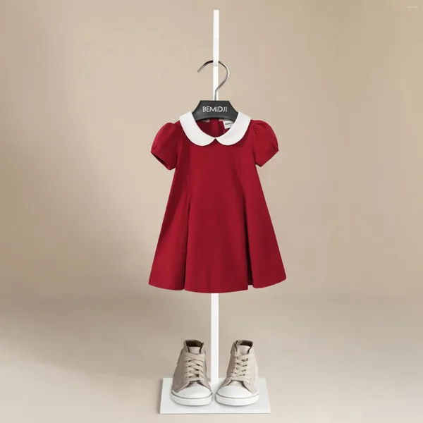 Vestidos de niña Butón rojo para niños Diseño de manga corta Vestido para niños Redondeo de niñas de niña