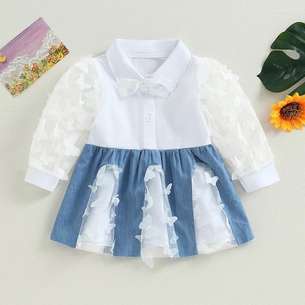 Vestidos para niña, vestido de retales de malla para niño pequeño, primavera y otoño, patrón de mariposa, solapa de manga larga, corte en A, princesa transparente