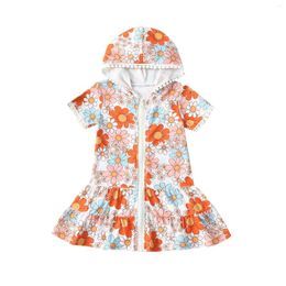 Robes de fille enfants bébé filles robe maillot de bain couvrir été floral à capuche à manches courtes plage éruption gardes pour enfant en bas âge maillot de bain