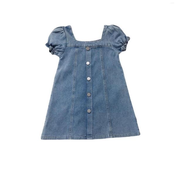 Robes pour petites filles, manches courtes bouffantes, en Denim, longueur aux genoux, vêtements solides pour enfants en bas âge de 2 à 7 ans