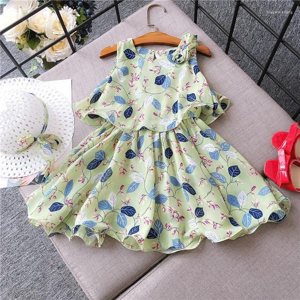 Robes de fille Enfants Bébés Filles D'été Hors Épaule Imprimer Fleur Au Genou Robe Chapeau De Paille BowToddler Chidlren Mode Vêtements Ensembles 2pcs 2-7Y