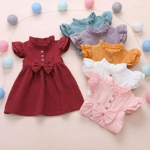 Fille robes enfants bébé robe de princesse couleur unie bouton arc manches à volants col rabattu fête a-ligne vêtements 1-6Y