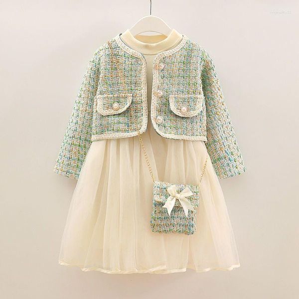 Fille Robes Enfants Bébé Vêtements D'hiver Filles Manteaux Manches Longues Robe Tenues Enfants Élégant Tweed Ensembles Avec Perles Sacs 4-8 Ans