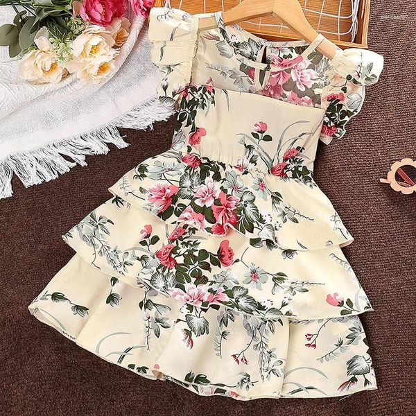 Vestidos para niñas, vestido informal para niñas, verano 2024, sin mangas, cuello redondo, malla, estampado Floral, pastel de princesa, ropa para niños