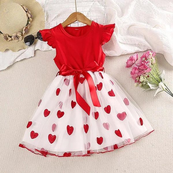 Robes de fille robe décontractée pour enfants pour les filles été 2024 Toddler Heart Imprimer Mesh Princess Ball Ball With Belt Children Vêtements 2-8Y