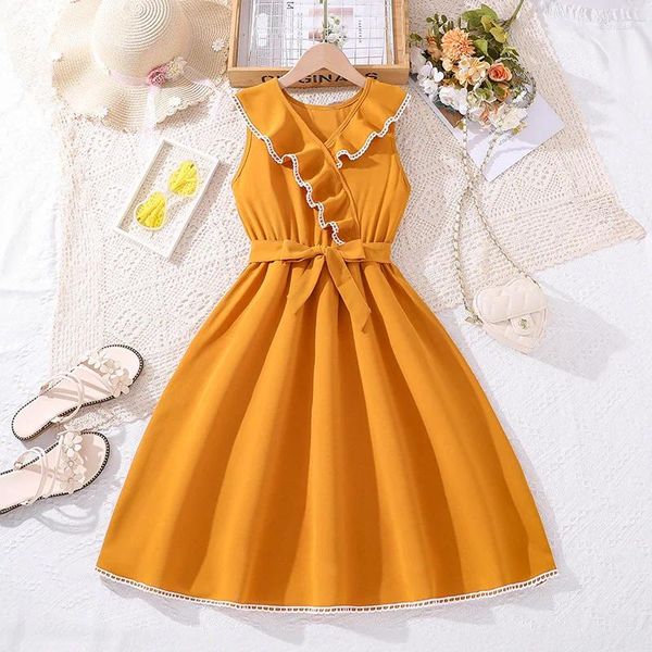 Robes de fille robe décontractée pour enfants pour filles vêtements d'été enfants mode jaunes sans manches A-Line Elegant Princess 7-14y