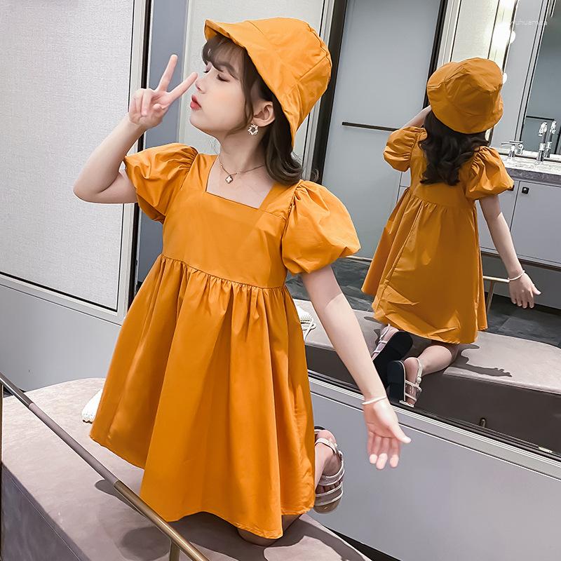Girl Dresses Kids Casual Dress Girls 4 To 12 Years Clothes Yellow Pink Lavender Birthday Party Fashion Solid Pleat Princess Send Hat