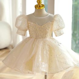 Vestidos para niña, vestido de actuación exquisito champán para niños, vestido de baile escalonado con lentejuelas brillantes, cuello redondo, manga abombada, noche para 2-12 años