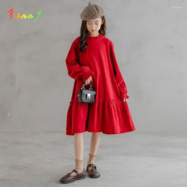 Vestidos de niña, vestido de Navidad para niños, ropa de Otoño Invierno para niñas, ropa informal de algodón hasta la rodilla con volantes, columpio de pana fina de 6 a 16 años