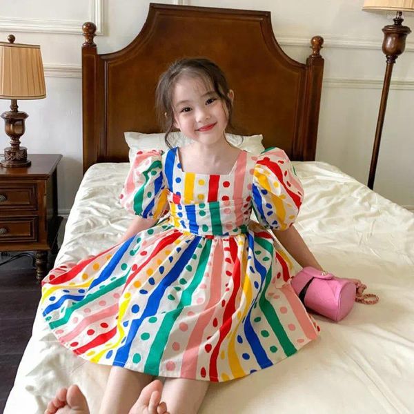 Robes pour filles de 5 ans, ruban coloré de cirque, manches à bulles, une pièce, princesse drapée, longueur aux genoux, pour enfants de 5 ans