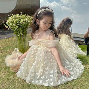 Robes de fille Vêtements pour enfants pour filles Robe formelle 2023 Princesse Mode Été Mesh Casual Doux Mignon Fée Bouton Papillon Motif Mince