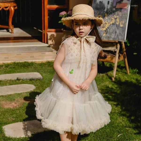 Robes de fille vêtements pour enfants robe d'été pour filles maille française paillettes col rabattu anniversaire princesse frais doux simple bouffée sans manches