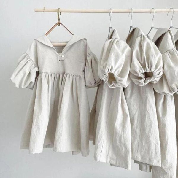 Robes de fille Vêtements pour enfants Filles Printemps Été Manches bouffantes Robe à col marin pour bébés Solide Coton Lin Vêtements pour jeunes enfants