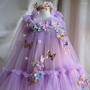 Meisje Jurken Kinderkleding Zomer 2024 Bloem Mesh Pluizig Garen Baby Paarse Prinses Jurk Dragen