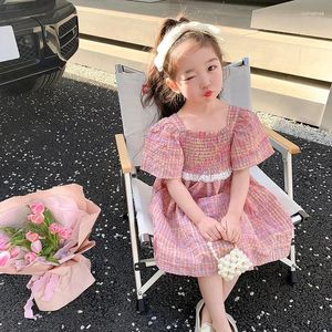 Robes de fille Vêtements pour enfants pour filles Robe d'été Princesse Mode Douce Couleur unie Col carré Rose Plaid Manches bouffantes Coréenne A-ligne Mignon