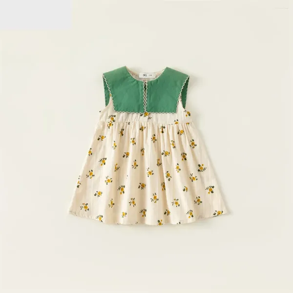 Robes de fille Vêtements pour enfants Robe d'été décontractée en coton fin vert col marin beige imprimé floral sans manches princesse 1-9 ans