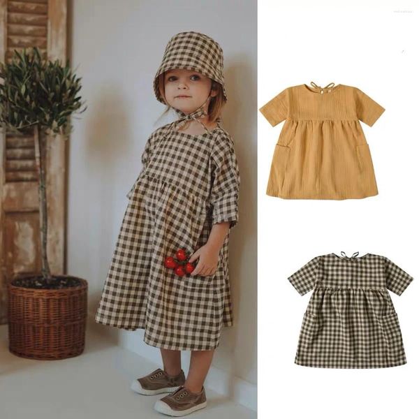 Robes d'été pour filles, tenue pour enfants, Design de marque, mignonne, manches courtes, à carreaux, 2023
