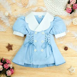 Girl Dresses Kids For Girls 1 tot 5 jaar 2024 Zomer Puffy Sleeve Bandage Drawage Blue Dress Children Kleding Blazer