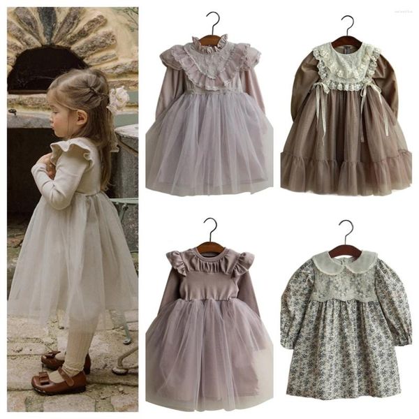 Vestidos de niña para niñas, otoño 2024, princesa coreana, manga larga, encaje, bonito vestido estampado para bebé