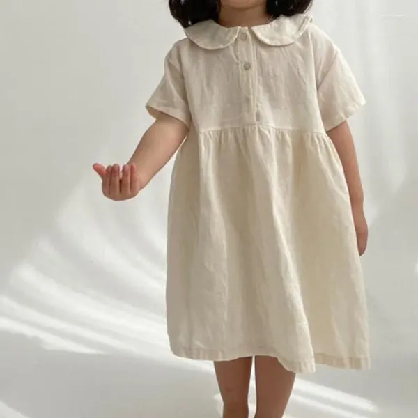 Vestidos para niña, ropa de verano para niña, vestido de manga corta de algodón con solapa pequeña Retro coreano para bebé 2024