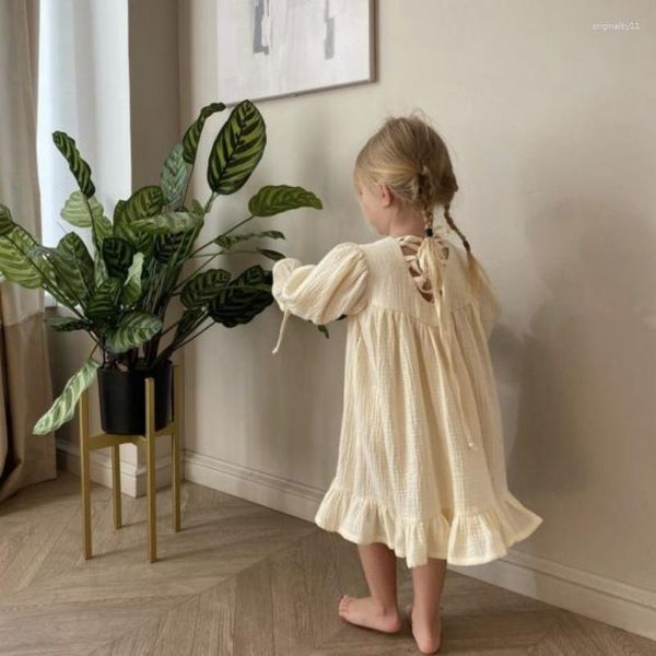 Vestidos de niña niños para niñas otoño algodón encaje bebé vestido de novia Lolita marfil correa trasera moda linda cintura niños prendas de vestir