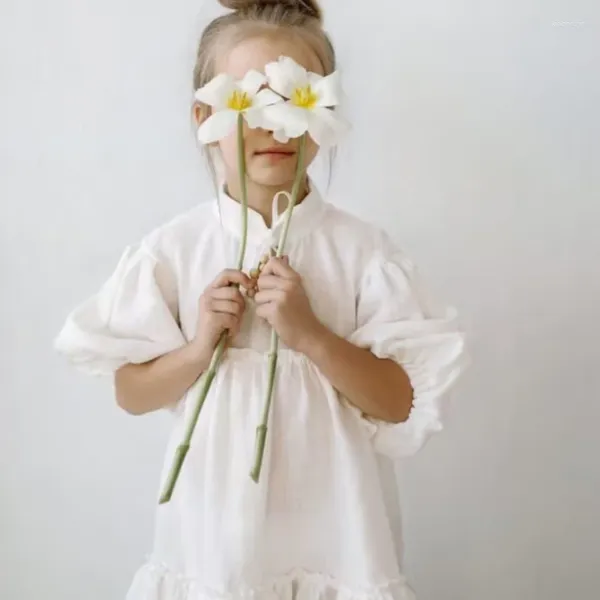 Robes d'été en coton et lin pour filles, vêtements à manches courtes, décontractés, blancs, mignons, robe de mariée princesse pour bébé