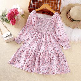 Girl Dresses Kids For Sweet Print 4-7 Years Long Sleeved Pink Floral Pastoral Style Princess Baby Dress Vacation Holiday