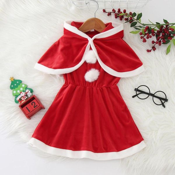 Fille Robes Enfants Filles Noël Cosplay Père Noël Costume Bébé X-Mas Outfit 2 Pcs Ensemble Princesse Robe À Capuche Robe Cape Pour 1-5Y