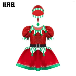 Robes de fille enfants filles noël elfe Cosplay Costume paillettes pompons orné maille Tutu robe avec chapeau