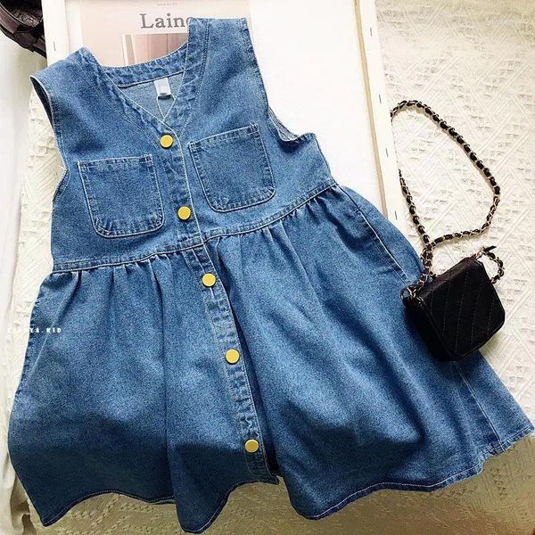 Vestidos para niñas, vestido camisero vaquero para niñas, chaleco sin mangas para niños, ropa informal de verano azul de princesa Jean 2023