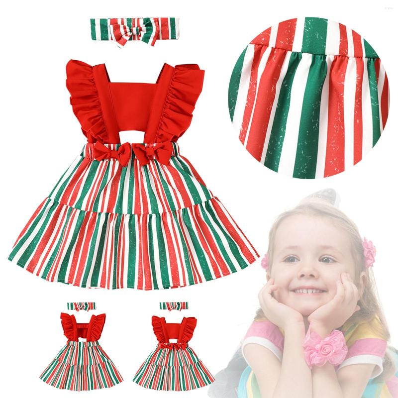 Abiti da ragazza Bambini Ragazze vestono piccolo fiocco di pizzo estivo rosso a strisce con maniche volanti con vestiti per bambini carini Fiori per bambini