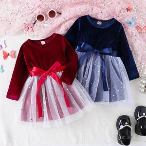 Robes de fille enfants filles robe velours paillettes étoiles couches maille Tulle nœud papillon col rond manches longues automne printemps princesse