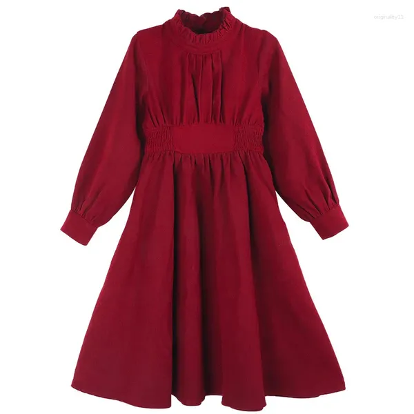 Robes d'automne et d'hiver pour filles, tenue smockée, taille évasée, rouge et noir, pour enfants et adolescentes de 6 à 16 ans, mode solide et élégante