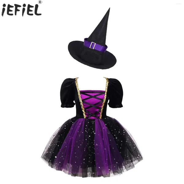 Vestidos para niñas, vestido de Cosplay de bruja de Halloween para niñas, disfraz gótico de fantasma, sombrero con tutú de red brillante, Purim, fiesta de carnaval, juego de rol