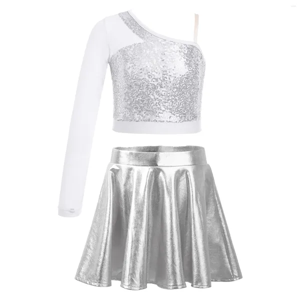 Vestidos de niña Niños Niñas Hip Hop Trajes de baile de jazz Lentejuelas brillantes Malla transparente Manga larga Un hombro Crop Top Camisa Falda acampanada metálica