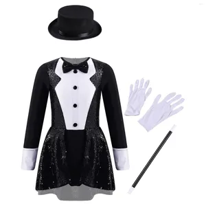 Robes de fille enfants filles magicien Costume Halloween Cosplay tenue à manches longues paillettes noeud papillon justaucorps robe avec chapeau baguette magique gants ensemble